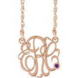 Collier monogramme 3 initiales en améthyste imitation rose 14 carats, 25 mm, 45,7 cm (18 pouces)