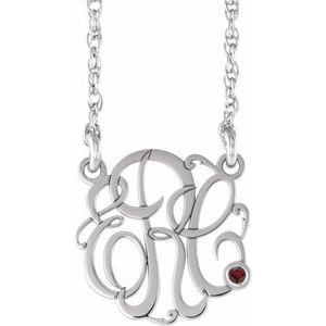 Collier monogramme 3 initiales en argent sterling rhodié 20 mm, imitation grenat du Mozambique, 45,7 cm (18 pouces).
