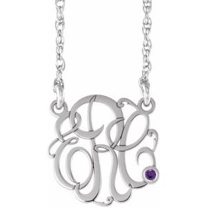Collier monogramme en argent sterling rhodié, 25 mm, 3 initiales, imitation améthyste, 45,7 cm (18 pouces).