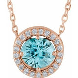 Collier de style halo en or rose 14 carats, zircon bleu naturel et diamants naturels (0,05 carat au total), 40,6 cm (16 pouces).