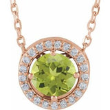 Collier de style halo en or rose 14 carats, péridot naturel et diamants naturels (0,05 carat au total), 40,6 cm (16 pouces).