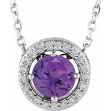 Collier en argent sterling, améthyste naturelle et diamants naturels (0,05 carat au total), style halo, 40,6 cm (16 pouces).