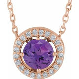 Collier de style halo en or rose 14 carats, améthyste naturelle et diamants naturels (0,05 carat au total), 40,6 cm (16 pouces).