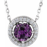 Collier de style halo de 40 cm (16 pouces) en or 14 carats, orné d'alexandrite blanche de laboratoire et de diamants naturels (0,05 carat au total).