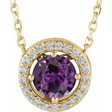 Collier de style halo de 40 cm (16 pouces) en or 14 carats, orné d'alexandrite de laboratoire jaune et de diamants naturels (0,05 carat au total).