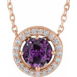 Collier de style halo en or rose 14 carats, alexandrite de laboratoire et diamants naturels (0,05 carat au total), 40,6 cm (16 pouces).
