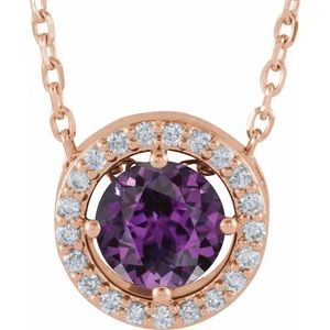 Collier de style halo en or rose 14 carats, alexandrite de laboratoire et diamants naturels (0,05 carat au total), 40,6 cm (16 pouces).