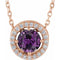 Collier de style halo en or rose 14 carats, alexandrite de laboratoire et diamants naturels (0,05 carat au total), 40,6 cm (16 pouces).