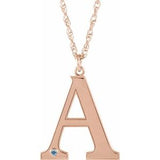 Collier en or rose 14 carats avec initiale A en imitation aigue-marine gravable, 45,7 cm (18 pouces).