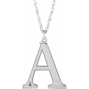 Collier en or blanc 10 carats avec initiale A en imitation aigue-marine gravable, 45,7 cm (18 pouces).