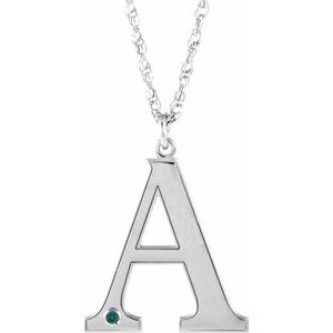 Collier en or blanc 14 carats avec initiale A en imitation alexandrite gravable, 45,7 cm (18 pouces).
