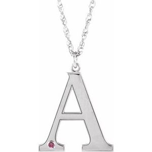 Collier en or blanc 14 carats avec initiale A en tourmaline rose d'imitation gravable, 45,7 cm (18 pouces).