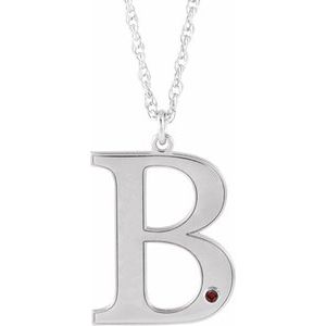 Collier en or blanc 14 carats, grenat imitation Mozambique gravable, initiale B, 45,7 cm (18 pouces).