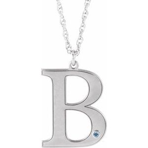 Collier en or blanc 10 carats avec initiale B en imitation aigue-marine gravable, 45,7 cm (18 pouces).