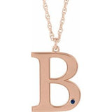 Collier en argent sterling plaqué or rose 14 carats avec initiale B en saphir bleu d'imitation gravable, 45,7 cm (18 pouces).