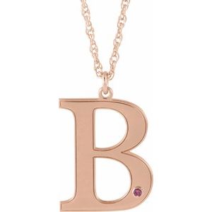 Collier en or rose 14 carats avec initiale B en tourmaline rose d'imitation gravable, 45,7 cm (18 pouces).