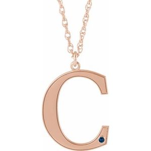 Collier en or rose 14 carats avec initiale C en saphir bleu d'imitation gravable, 45,7 cm (18 pouces).