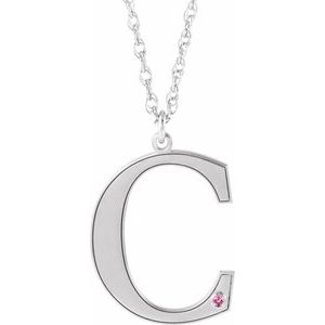 Collier 18 pouces en or blanc 10 carats avec initiale C en tourmaline rose d'imitation gravable et 18 pouces