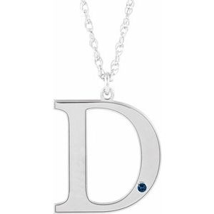 Collier en or blanc 14 carats avec saphir bleu d'imitation gravable, initiale D, 45,7 cm (18 pouces).