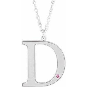 Collier en or blanc 10 carats avec initiale D en tourmaline rose d'imitation gravable, 45,7 cm (18 pouces).