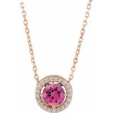 Collier de style halo en or rose 14 carats, tourmaline rose naturelle et diamants naturels (0,05 carat au total), 40,6 cm (16 pouces).
