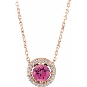 Collier de style halo en or rose 14 carats, tourmaline rose naturelle et diamants naturels (0,05 carat au total), 40,6 cm (16 pouces).