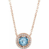 Collier de style halo en or rose 14 carats, aigue-marine naturelle et diamants naturels (0,05 carat au total), 40,6 cm (16 pouces).