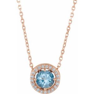Collier de style halo en or rose 14 carats, aigue-marine naturelle et diamants naturels (0,05 carat au total), 40,6 cm (16 pouces).