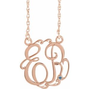 Collier monogramme 2 initiales en imitation aigue-marine rose 14 carats, 20 mm, 45,7 cm (18 pouces)