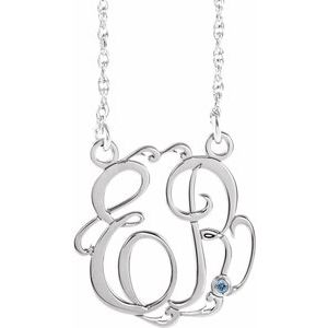 Collier monogramme écriture cursive en imitation aigue-marine blanche 10K 20 mm, 45,7 cm (18 pouces), avec deux initiales.