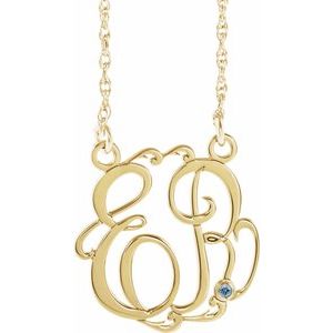 Collier monogramme manuscrit en or jaune 10 carats, imitation aigue-marine, 20 mm, initiales, 45,7 cm (18 pouces).