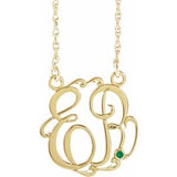 Collier monogramme imitation émeraude en or jaune 10 carats, 20 mm, initiales, 45,7 cm (18 pouces).