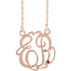 Collier en argent sterling plaqué or rose 14 carats, monogramme 2 initiales, rubis d'imitation, 20 mm, 45,7 cm (18 pouces).