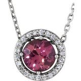 Collier en argent sterling avec imitation tourmaline rose et diamants naturels (0,05 carat au total), style halo, 40,6 cm (16 pouces).