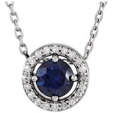 Collier de style halo en or blanc 14 carats, saphir bleu naturel et diamants naturels (0,05 carat au total), 40,6 cm (16 pouces).