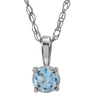 Collier solitaire jeune en or blanc 14 carats avec imitation aigue-marine de 3 mm et pendentif de 35,5 cm (14 pouces).