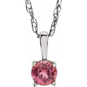 Collier solitaire jeune en or blanc 14 carats avec tourmaline rose d'imitation de 3 mm, 35,5 cm (14 pouces).