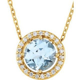 Collier de 40 cm (16 pouces) en or jaune 14 carats, serti d'une aigue-marine naturelle et de diamants naturels (0,06 carat au total), serti semi-halo.