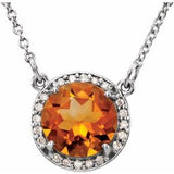 Collier de 40 cm (16 pouces) en or blanc 14 carats, orné d'une citrine naturelle de 8 mm et de diamants naturels (0,05 carat au total).