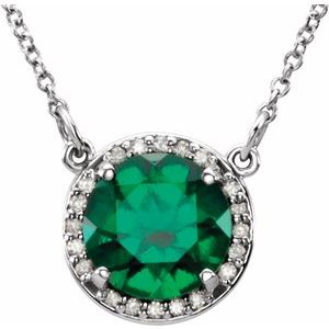 Collier de 40 cm (16 pouces) en or 14 carats, orné d'une émeraude de laboratoire blanche de 8 mm et de diamants naturels (0,05 carat au total).