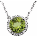 Collier 16 pouces (40,6 cm) en or blanc 14 carats, orné d'un péridot naturel de 8 mm et de diamants naturels (0,05 carat au total).