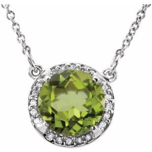 Collier 16 pouces (40,6 cm) en or blanc 14 carats, orné d'un péridot naturel de 8 mm et de diamants naturels (0,05 carat au total).