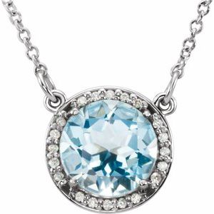 Collier en or blanc 14 carats, topaze bleu ciel naturelle de 8 mm et diamants naturels (0,05 carat au total), 40,6 cm (16 pouces).
