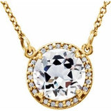 Collier de 40 cm (16 pouces) en or jaune 14 carats, topaze blanche ronde de 8 mm et diamants (0,05 carat au total).