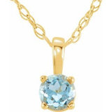Collier solitaire jeune en or jaune 14 carats avec imitation aigue-marine de 3 mm et pendentif de 35,5 cm (14 pouces).