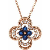 Collier trèfle 18 pouces en or rose 14 carats, saphir bleu naturel et diamants naturels (0,10 carat au total)