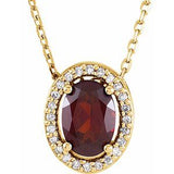 Collier de 40 cm (16 pouces) en or jaune 14 carats, serti d'un grenat naturel du Mozambique et de diamants naturels (0,05 carat au total).