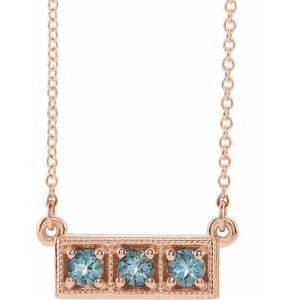 Collier trois pierres en or rose 14 carats avec aigue-marine naturelle et barrette de 40 à 45 cm