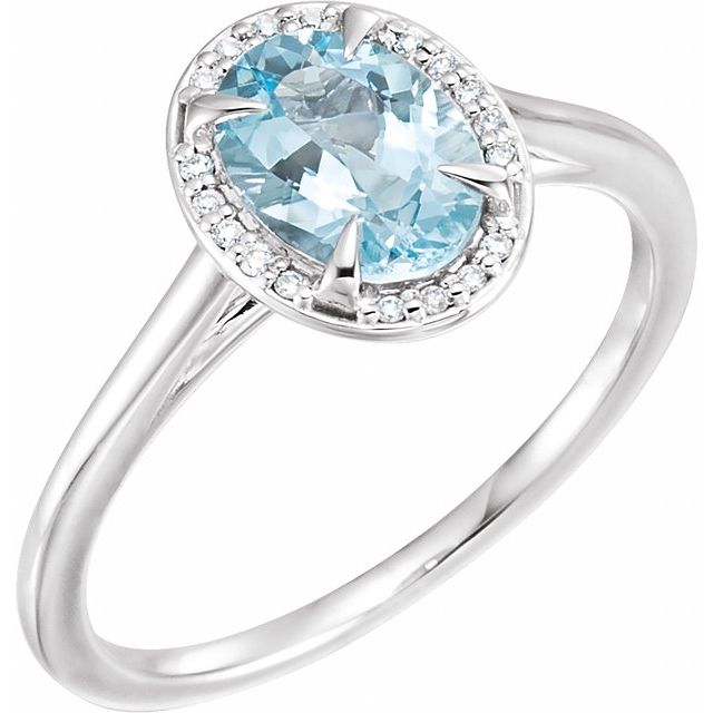 Bague en or blanc 14 carats avec aigue-marine naturelle de 8 x 6 mm et diamants naturels (0,04 carat au total).