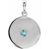 Pendentif disque en or blanc 14 carats et zircon bleu naturel